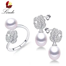 Романтический натуральная S925 стерлингового серебра набор украшений для женщин элегантные 5A натуральный кольцо с цветком и жемчужиной+ серьги г. новое поступление Lindo