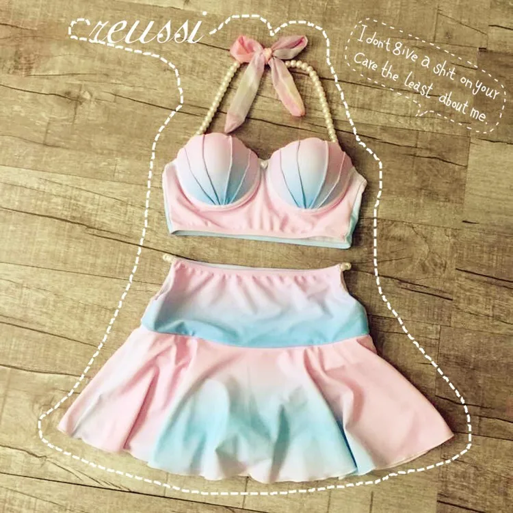 Women Sweet Cameo Shell Bikini Pastel Rainbow Mermaid Shell Swimsuit
