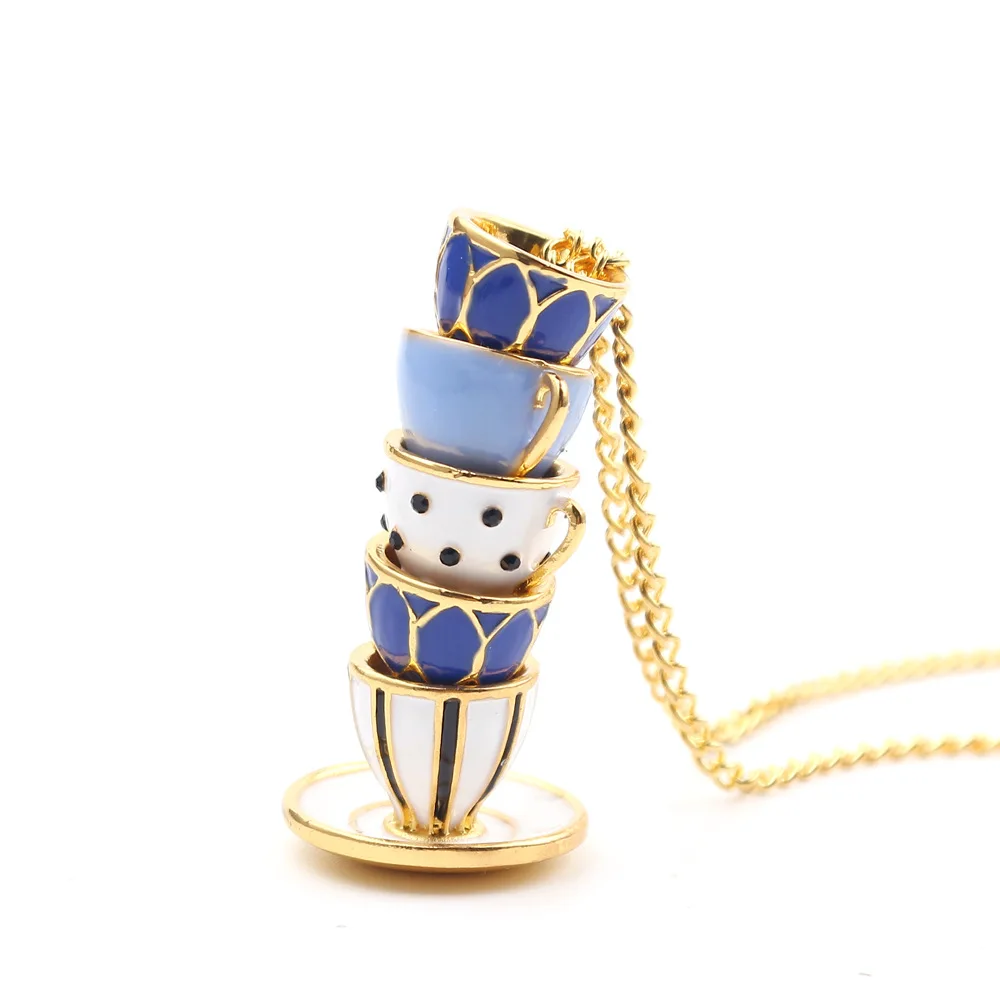 

2019 New Hand Made Sweater Chain Clothing Accessories Long Necklace Enamel Jewelry Tea Cup Necklace Pendant Woman