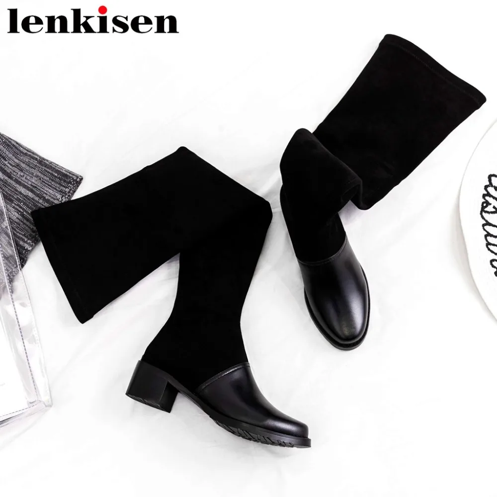 

Lenkisen round toe med heels high street fashion cow leather zip young lady tretch over-the-knee rome women thigh high boots L15