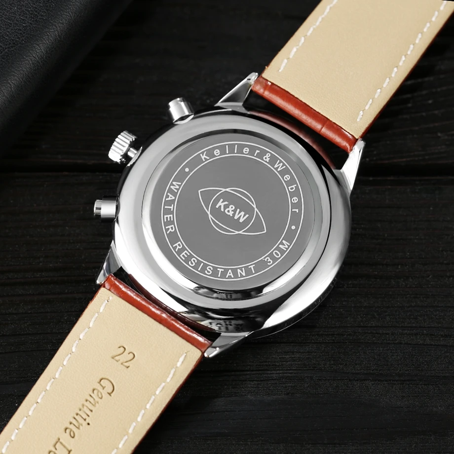Keller & Weber Mens Watches 30m Waterproof Quartz Business Watches Date Display Genuine Leather Band Relogio Masculino Best Gift (24)