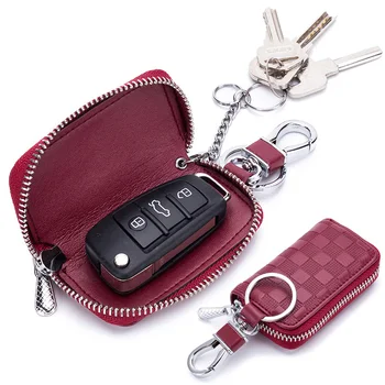

Fashion Plaid Car Key Pack Split Cow Leather for Men Women Universal Waist Home Key Wallet Simple Small Zipper Keys Holders