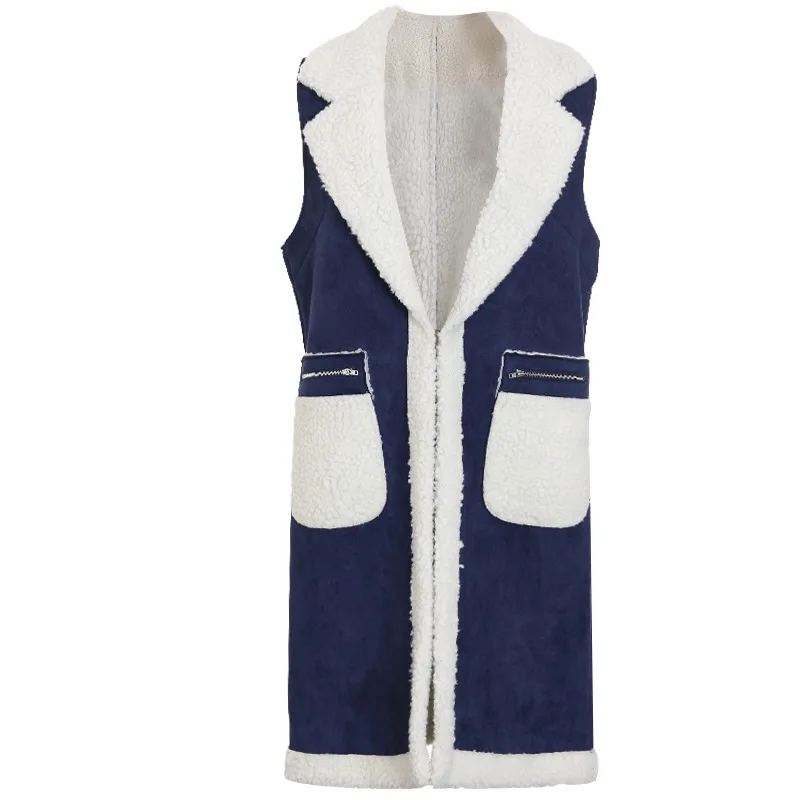 Winter Women Vest Waistcoat Women's Sleeveless Vest Jacket Long Patchwork Faux Suede Vests Coat Female Waistcoats Long Denim