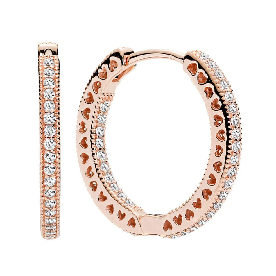 

925 Silver Earrings For Women Rose Hearts Earring Hoops Pave Clear CZ with Crystal Rose Gold Color Gift fit Lady Jewelry