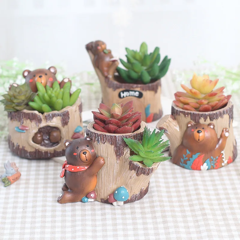 

Forest Bear Planter Set - Set of 4 Bear Flowerpots Succulent Plant Pot Tree House Design Cactus Planter Pot Fairy Garden