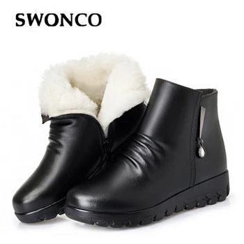 

SWONCO Wool Fur Shoes Winter Women Natural Leather Snow Boots Platform New 2019 Female Ankle Boots Ladies Black Work Shoes Boot