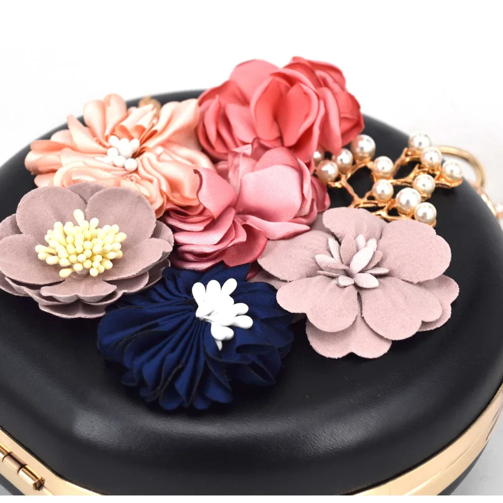 Circular pu Flower Women Clutch Evening Bag Lovely Black Wristlets Floral party Bag Wedding pochette Female Handbag x55