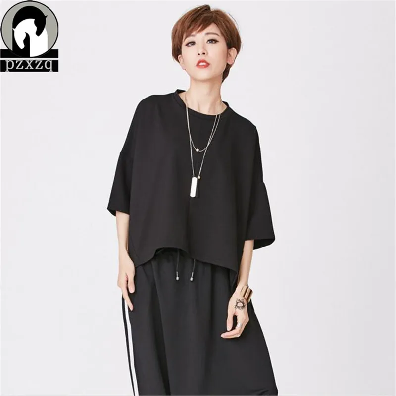 

2019 New Fashion Tees Women Clothes 3/4 Sleeve Off-shoulder T-shirt Irregular Tops Solid O-neck Loose Black Bat Sleeve T-shirt