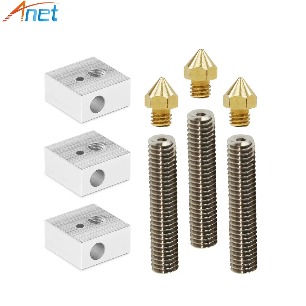 Anet A8&A6 3D Printer Part 3PCS 0.4mm Extruder Nozzle+3PCS 1.75mm Teflon Throat Tube+3PCS Heater Blocks Hotend for Mk8 Makerbot цена Anet A8&A6 3D Printer Part 3PCS 0.4mm Extruder Nozzle+3PCS 1.75mm Teflon Throat Tube+3PCS Heater Blocks Hotend for Mk8 Makerbot цены онлайн