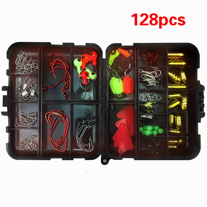 

128pcs/Set 20 Types Lure Fishing Accessories Tackle Box with Fishing Hooks Connector Spring Ring Line Holder Lure Keeper Beads