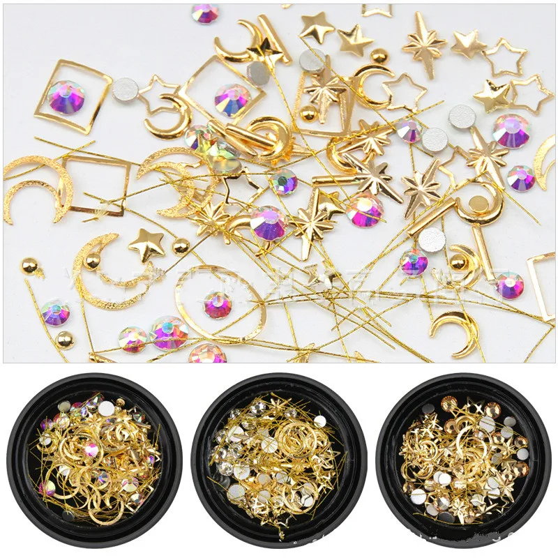 

6Types Mix Gold Copper Nail Rivet Star Moon Geometric Design Nail Jewlery 3D Nail Art Decoration for Manicure Nails Accessories