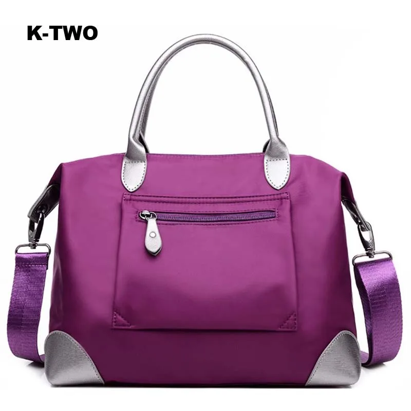 

K-TWO Brand Design Nylon Bags Women Soft Handbags Concealed Pocket Waterproof Fashion Canvas Tote Shoulder Black Purple gw069