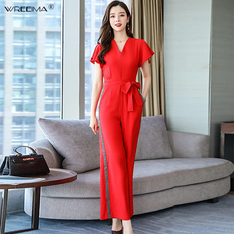 

wreeima Summer Jumpsuit V Neck Patchwork Rompers Womens Jumpsuit office Jumpsuits Wide Leg Sleeveless Jumpsuits 2019