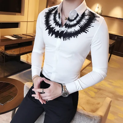 Новое поступление, мужская рубашка с длинными рукавами и принтом, эластичная модная одежда, приталенная Повседневная Блузка, Мужская Ночная рубашка для клуба, Chemise Homme - Цвет: CS16-White