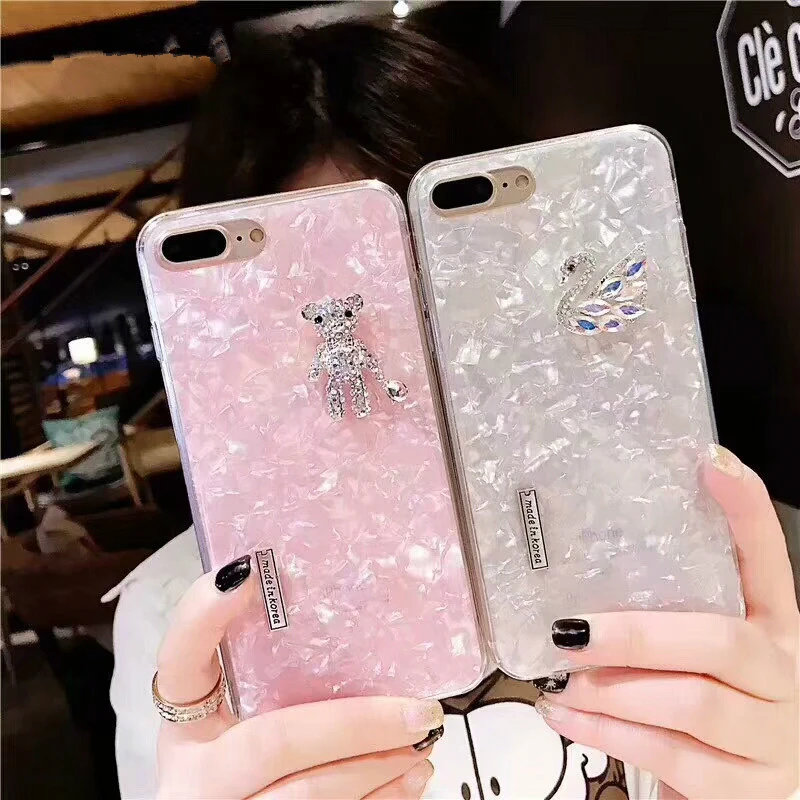 Aoweziic New Korea cute 3D DIY rhinestone toy bear marble phone shell For iphone6s case X XS MAX XR 7 8plus swan cover girl bear
