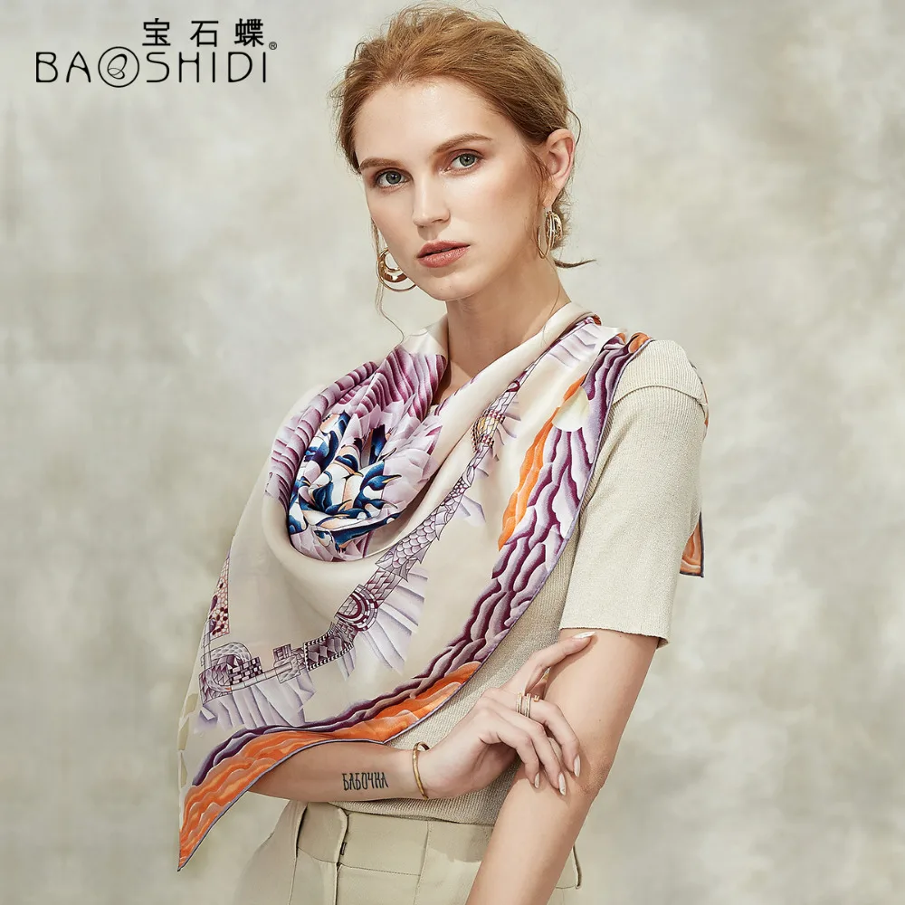 

[BAOSHIDI]2018 Autumn New Arrival,16m/m Pure Silk hijab scarf Women,Infinity square Shawl,luxury brand scarfs for elegant lady