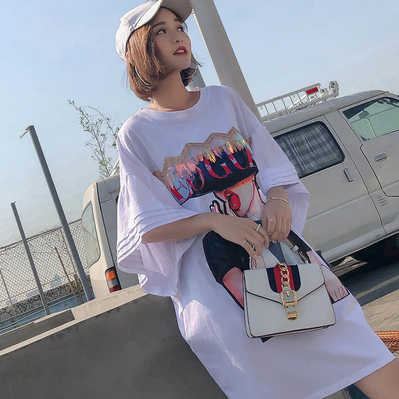 

TREND-Setter 2018 Summer New White Loose T Shirt Women Sequins Tops Marilyn Monroe Pattern Butterfly Sleeve T-shirt Oversize