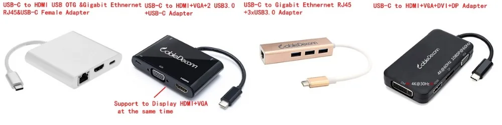 USB C to HDMI VGA DVI DP USB3.0 Hub RJ45 Adapter
