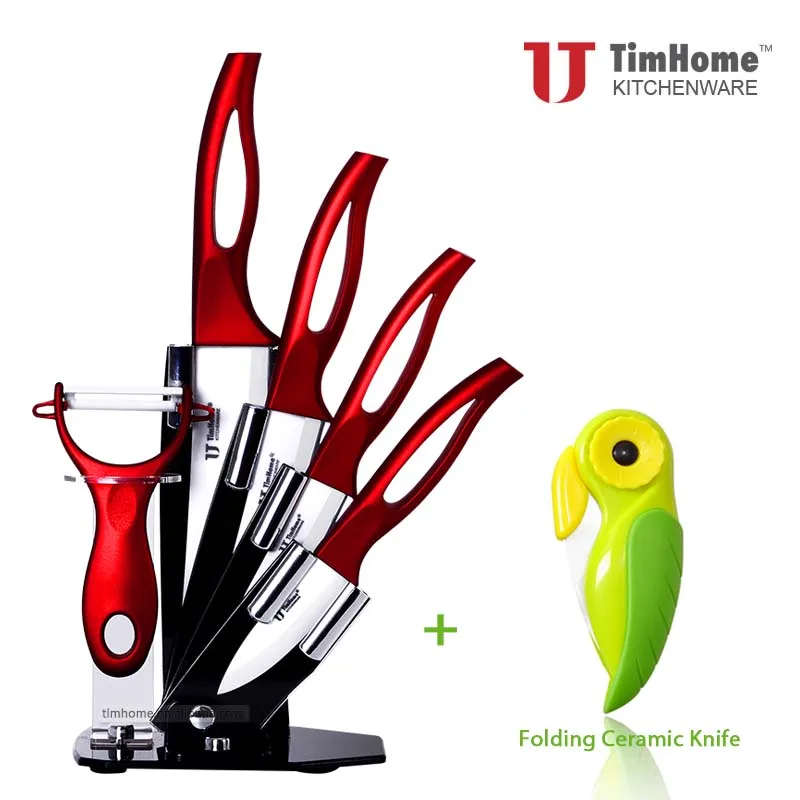 Циркониевый керамический нож с красной ручкой и держателем, кухонный набор " 4" " 6" дюймов с овощечисткой, кухонный нож Timhome, красивые подарки - Цвет: With folding knife