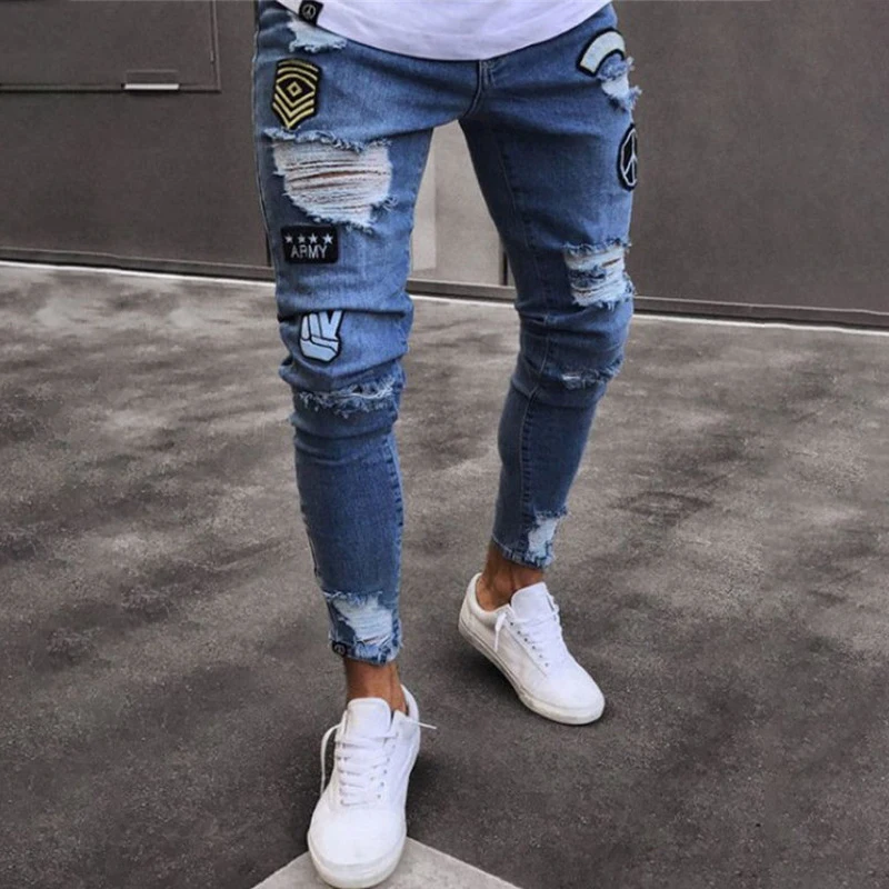 

Fashion Men Stretchy Ripped Embroidery Print Jeans Destroyed Hole Taped Slim Fit Denim Scratched Skinny Jean