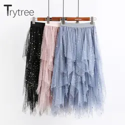 Trytree весна лето романтическая трапециевидная многослойная сетчатая Женская юбка Лоскутная звезда с блестками нерегулярный подол юбки