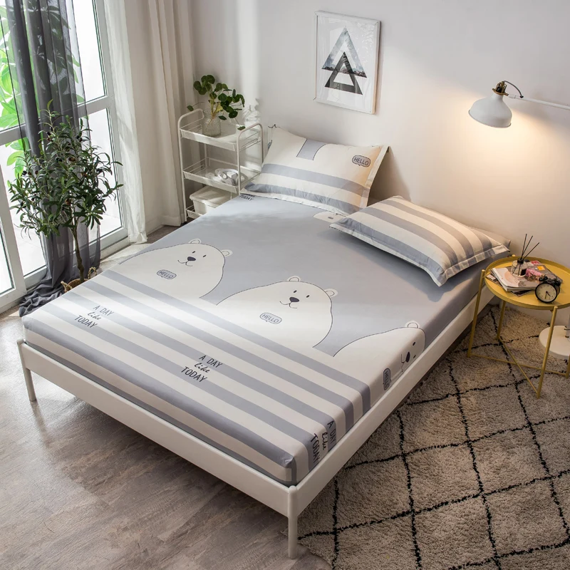 

Gray-White Striped White Bear Pattern Cotton Fitted Sheet Set Double King Size Bed Sheet With Elastic Color Geometric Pillowcase