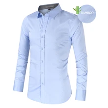 Синие рубашки из натурального бамбука, облегающие рубашки с длинными рукавами, деловая французская запонка, Мужская Повседневная Удобная брендовая рубашка Camiseta Masculina