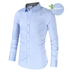 Синие рубашки из натурального бамбука, облегающие рубашки с длинными рукавами, деловая французская запонка, Мужская Повседневная Удобная