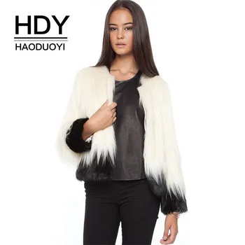 

HDY Haoduoyi Fashion Color Block Coats Women Long Sleeve Female Chic Open Stitch Brief Style O-neck Ladies Faux Fur Coats
