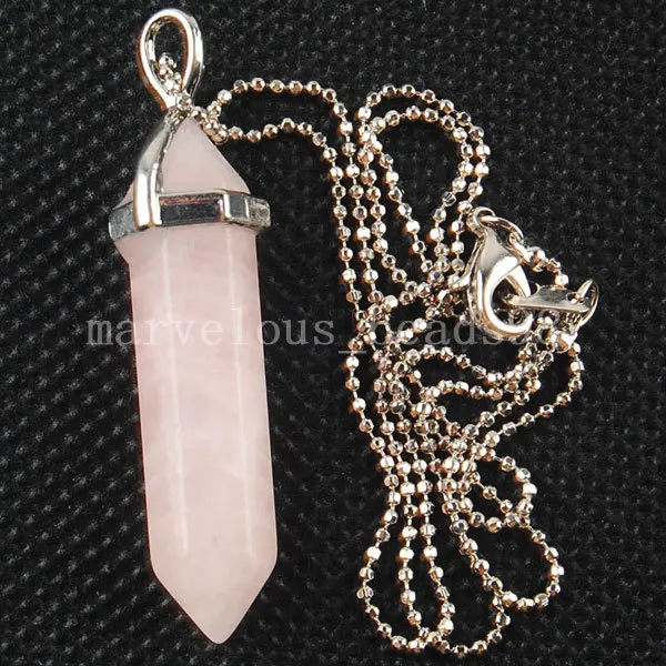 Free Shipping Beautiful jewelry Pink Crystal Hexagonal Pointed Reiki Chakra Pendant Necklace wich Chain 1Pcs MC3154