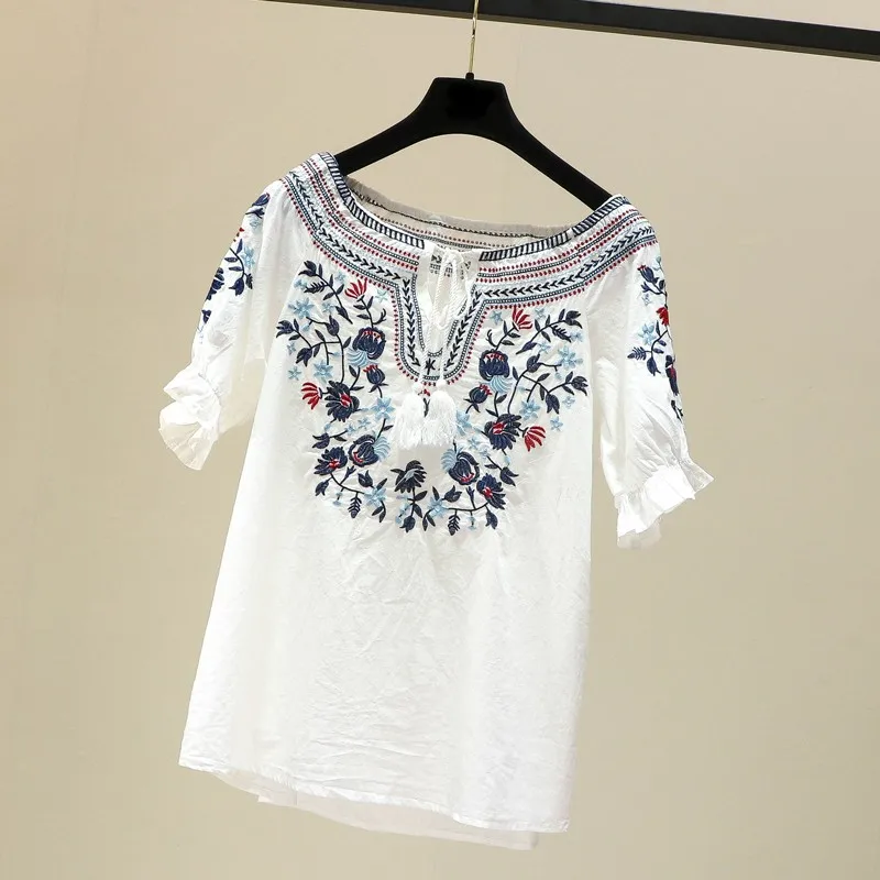 Achat Ethnique Vintage Blanc Floral Brodé Blouses Pour Femmes Lâche Demi Lanterne Manches Chemise Femmes Coton Linge Top Casual Blusas