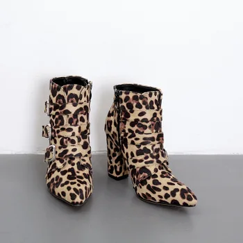

2019 spring new leopard snake pattern thick with leather shoes short tube women's boots with buckles with high heels