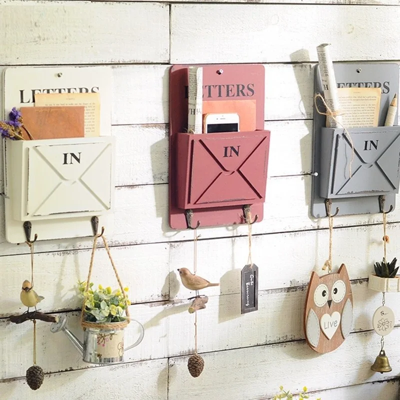 

Creative High Quality Keys Hanging Hooks Envelope Sundries Storage Box Retro Rangement Shelf Wood Boxes Vintage Home Decoration