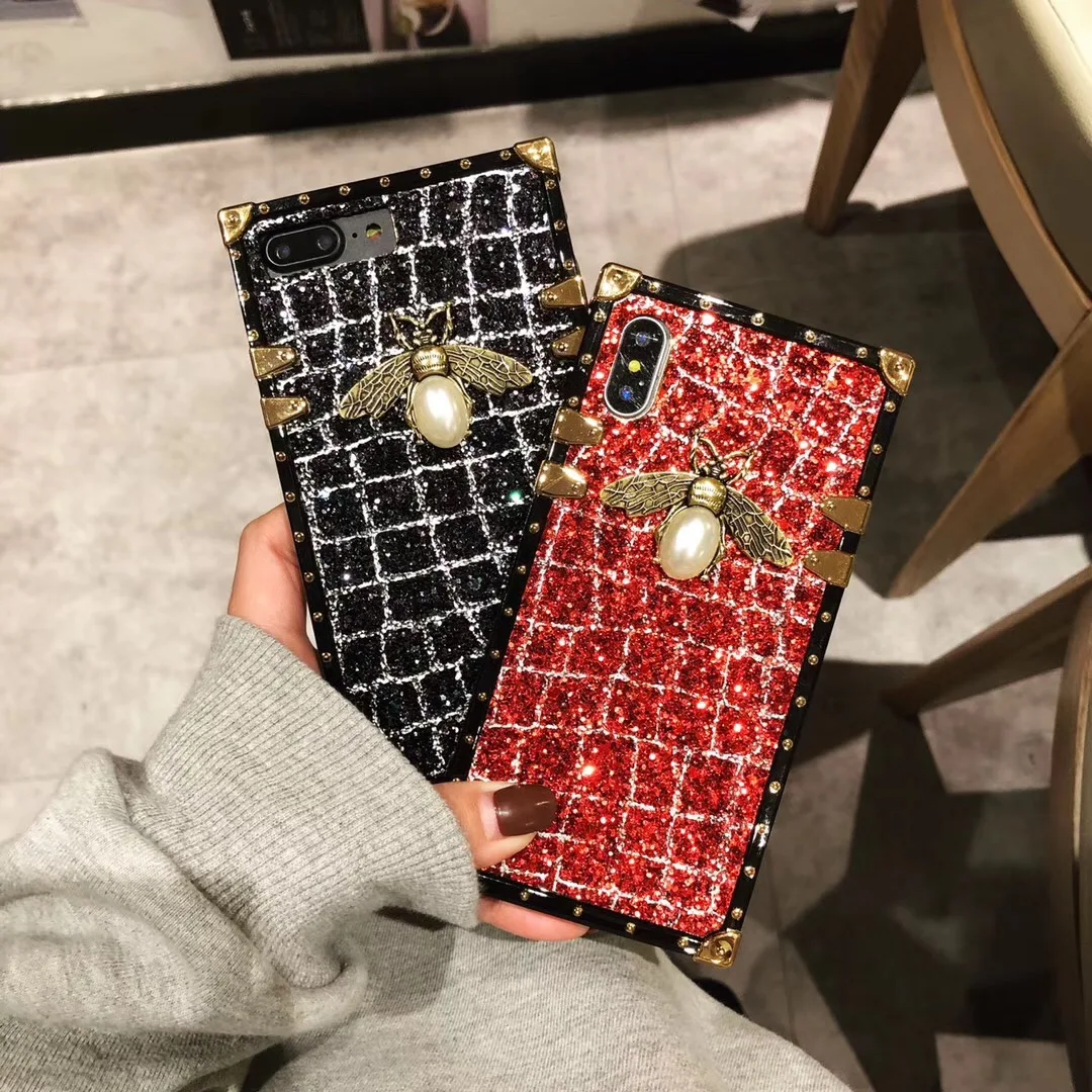 

Bee Phone case for iPhone 6 6s 7 8 Plus X Xs Max Xr Luxury branddiamond glitter bling Fashion Square crystal glitter cover