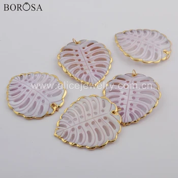 

BOROSA 5/10PCS New Arrival Hollow Leaf Shape Gold Electroplated Natural White Shell Pendant Bead for Necklace Jewelry G1745