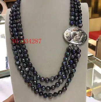 

Baroque 18" 3row 8-9mm black pearls necklace seashell clasp