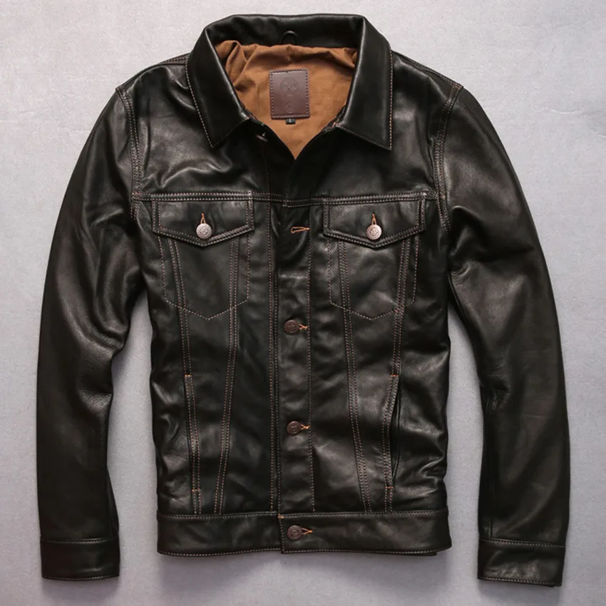 

2018 new arrivels turn down collar single breasted solid genuine leather jacket men black sheepskin casual leather coat spring