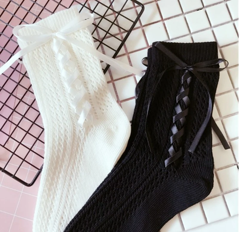 

2017 New Pre-design black white lacing Socks Women Cotton Autumn Spring Socks Long Lace Funny Socks Ladies Harajuku Socks