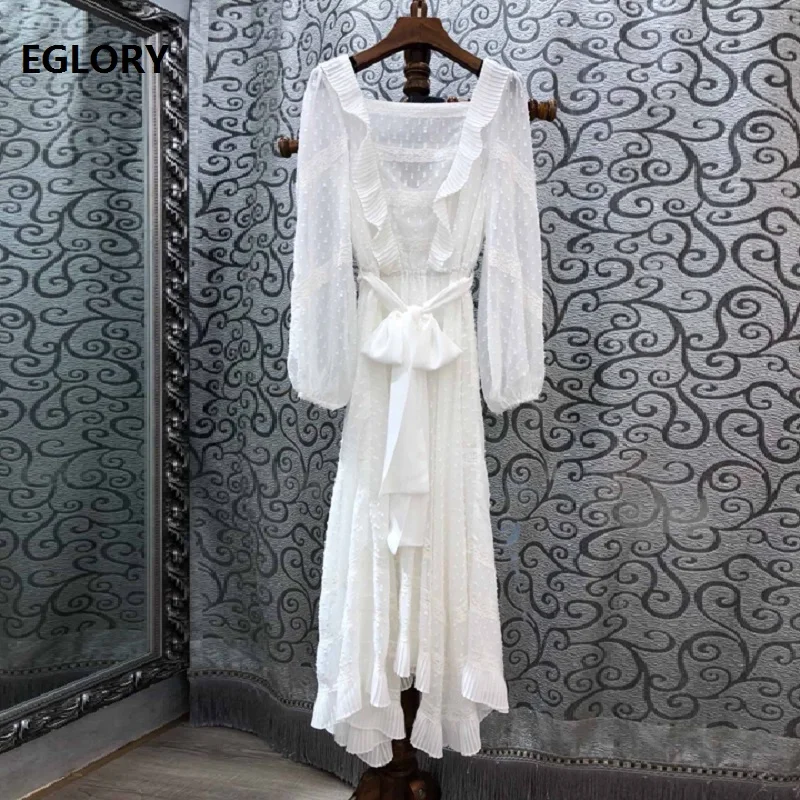

White Long Dress 2019 Summer Fashionable Women Square Collar Polka Dot Patterns Lace Patchwork Elegant Long Maxi Dress Female
