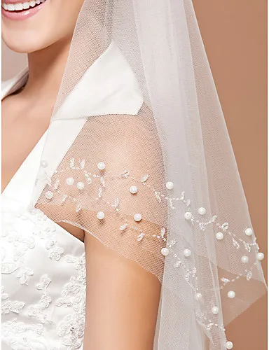 New 2 Layer White Ivory Cut Edge Wedding Veil Bead...
