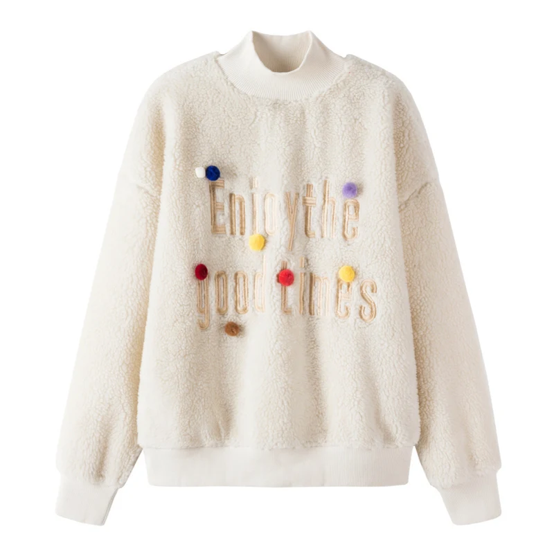  SEMIR Women Embroidered Fleece Sweatshirt with Pom Pom Ribbed Mock-Turtleneck Sweatshirt Dropped Sh