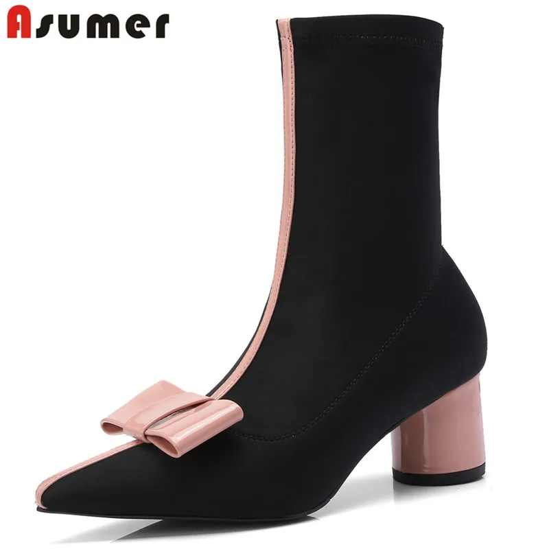 

ASUMER 2020 new arrive high quality Stretch Fabric women boots round toe high heels ankle boots ladies spring autumn boots