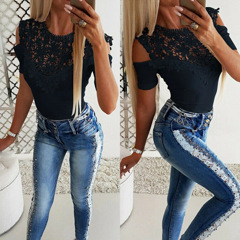 Women Summer Casual Slim T-Shirt Sexy Cold Shoulder Lace Tops Women's Clothes Elegant Ladies Fashion Tunic Shirt Black White
