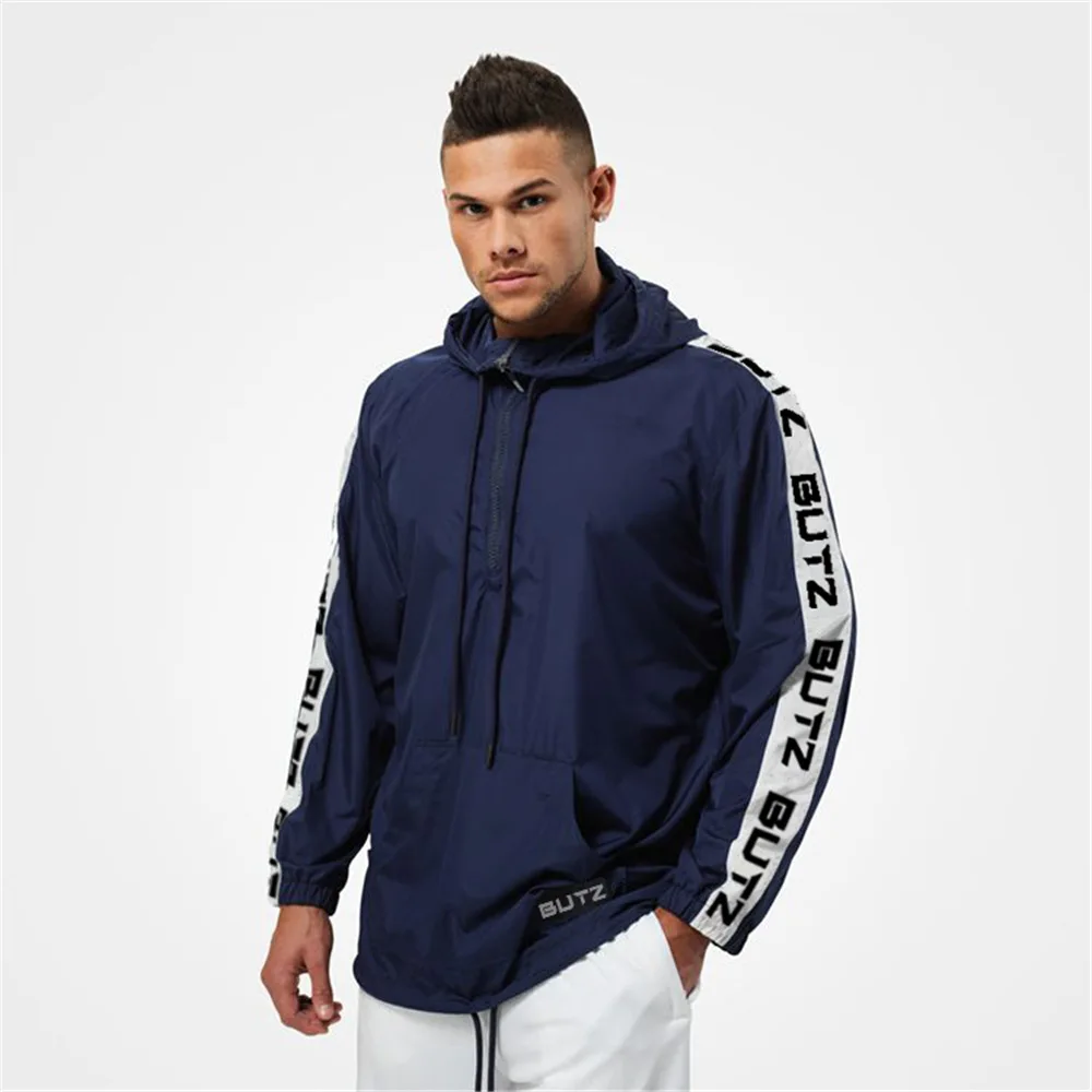 2018 Fitness Running Jacket Men Hoodede Coat Male Gym Clothing Long