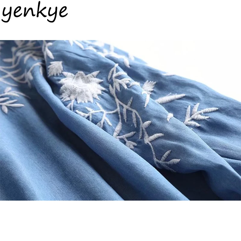 Vintage Blue Tencel Denim Blouses Women O Neck Three-Quarter Sleeve Floral Embroidered Shirt Plus Size Summer Tops Vintage Blue Tencel Denim Blouses Women O Neck Three-Quarter Sleeve Floral Embroidered Shirt Plus Size Summer Tops