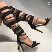 Новые летние модные женские туфли черного цвета голубой джинс деним открытый носок молния Назад цепи шпильки высокие сапоги до колена рыцарские Сапоги размер 43