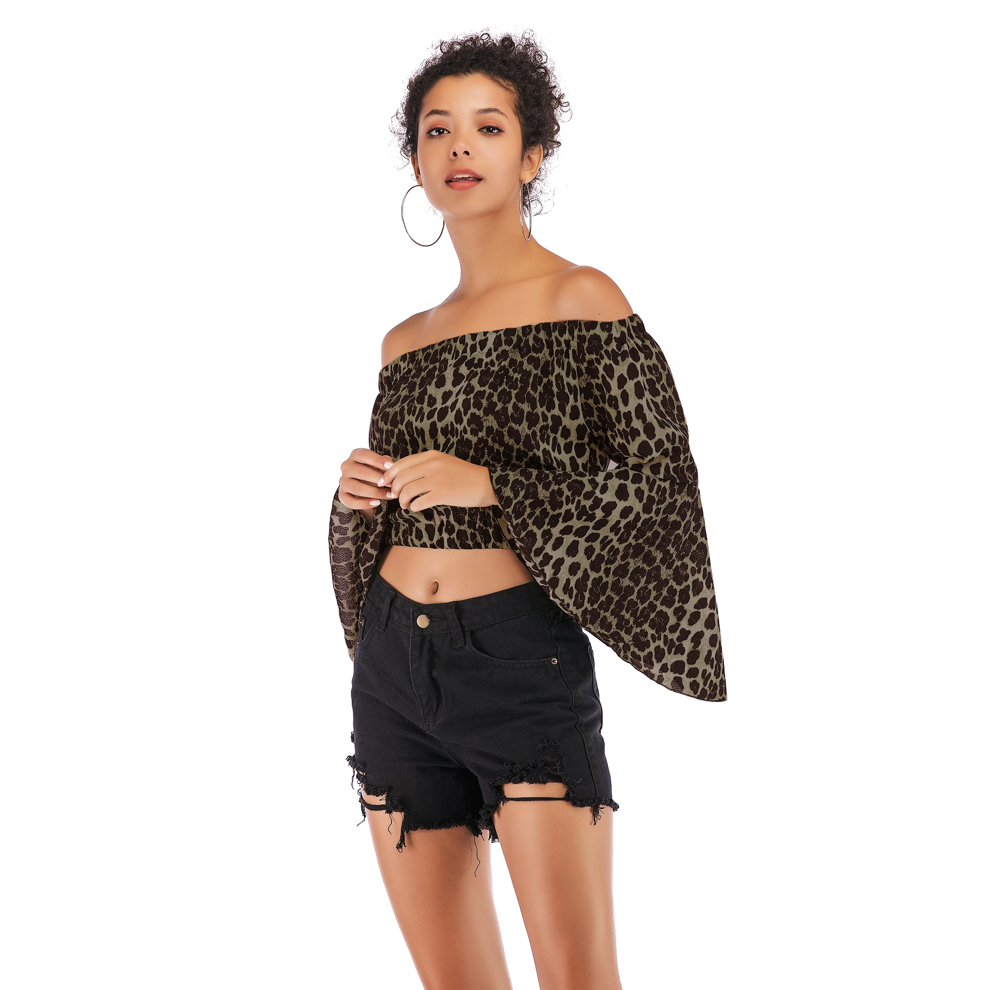 VZFF Ladies Print Leopard Printed Word Collar Sexy Off-Shoulder Chiffon Shirt Fashion Trumpet Sleeve Print Tops Women