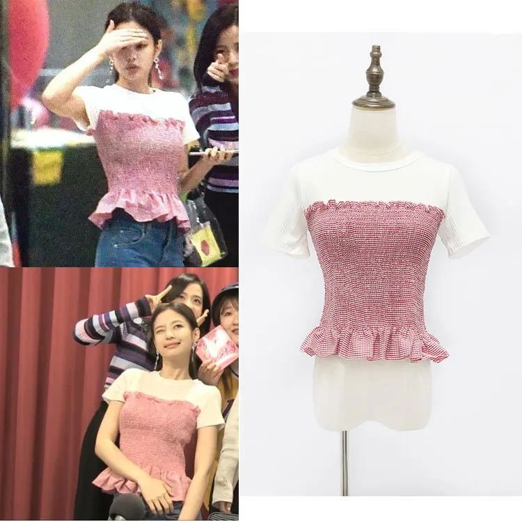 

kpop BLACKPINK Jennie the same fake two-piece short-sleeve T-shirt loose Korean Harajuku tee shirt women summer Slim tshirt tops
