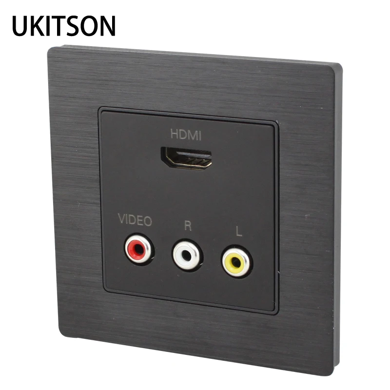 Black HDMI+RCA Wall Outlet Quality Audio Video AV Faceplate Panel 86x86mm For HDTV DVD Projector