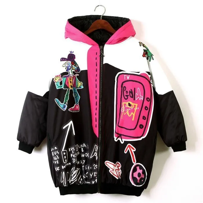 ZURICHOUSE панк Женское зимнее пальто Harajuku мультфильм печати с капюшоном размера плюс свободные ватные куртки дамы уличная парка